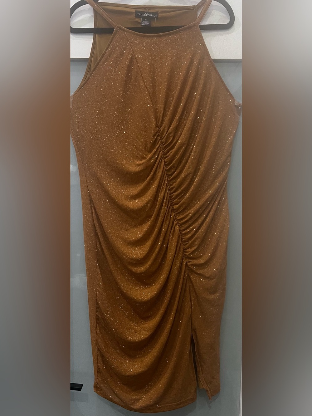 BRAND NEW CANDALITE Gold-Brown Ruched Halter Midi Dress Size 2X